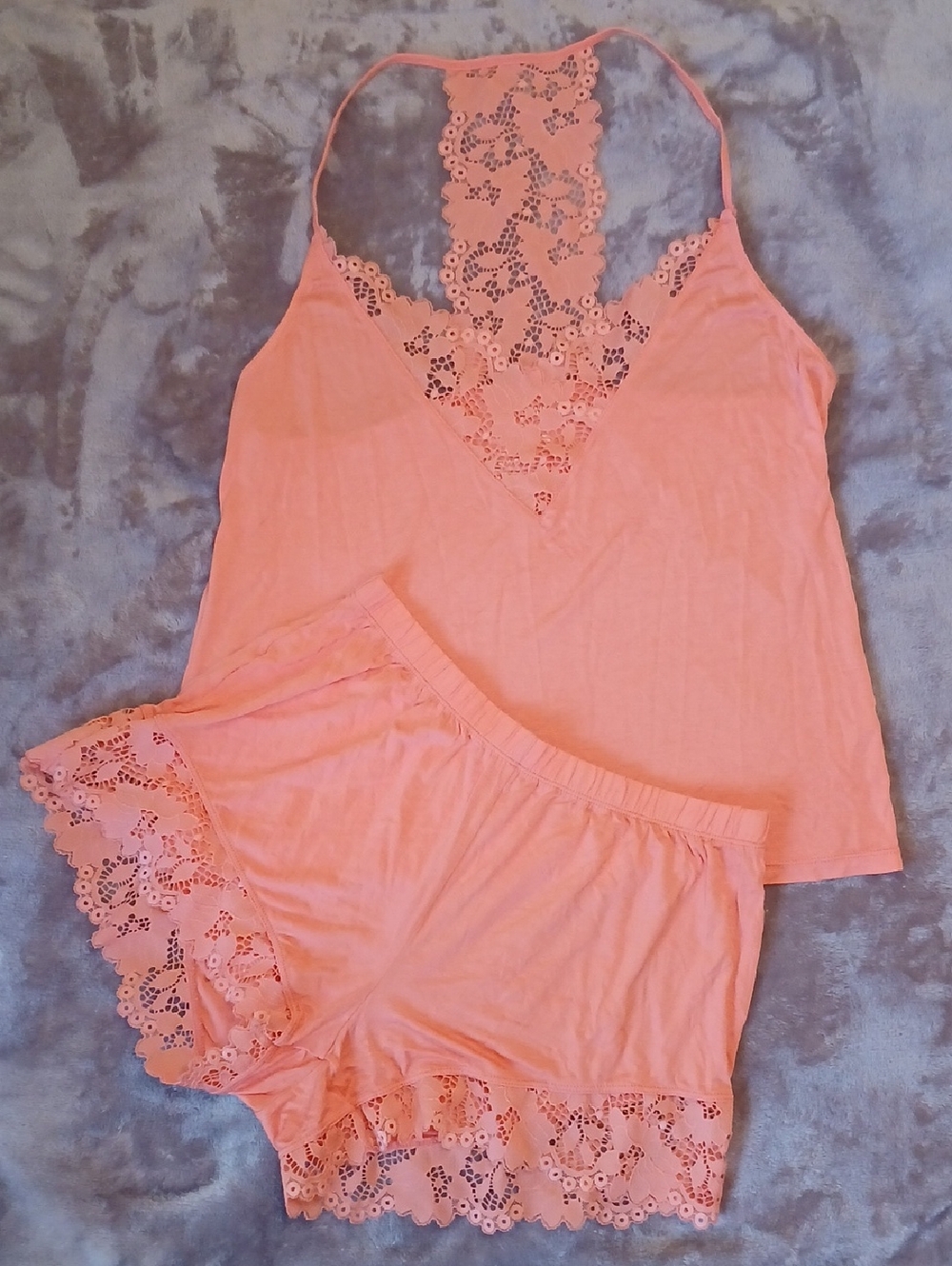 Adore Me Lace Trim Peach Cami & Shorts Pajama Set Women's Small